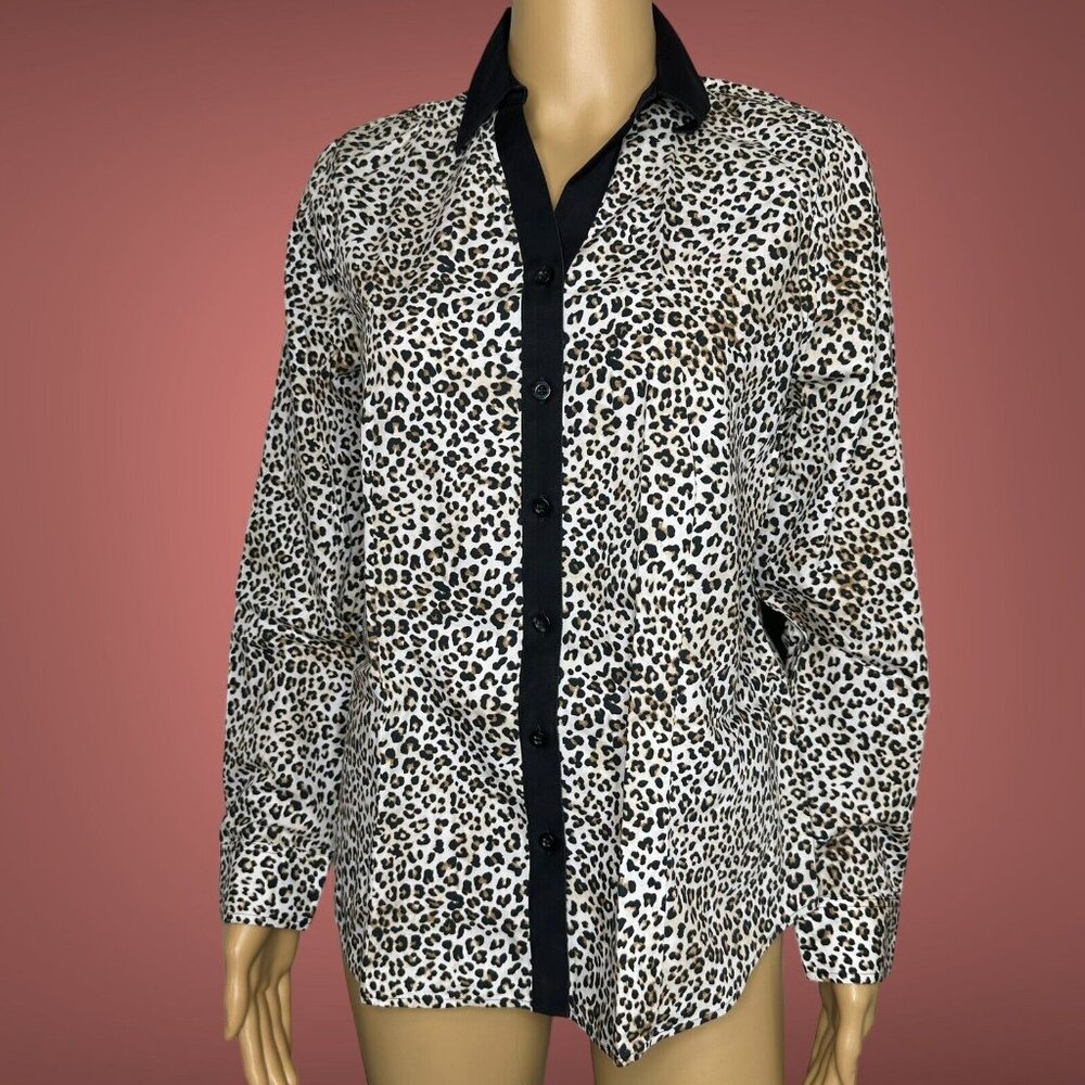 Chicos Womens T-Shirt Size 4 S Black Beige Animal Print Long Sleeves 100%cotton.